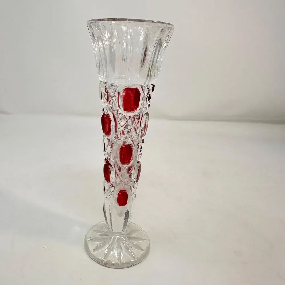 Vintage Lead Crystal Clear Bud Vase Ruby Red Flash Cut Glass Germany 8